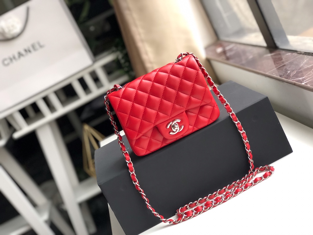 Ch**el mini flap bag lambskin silver metal red a35200 17cm