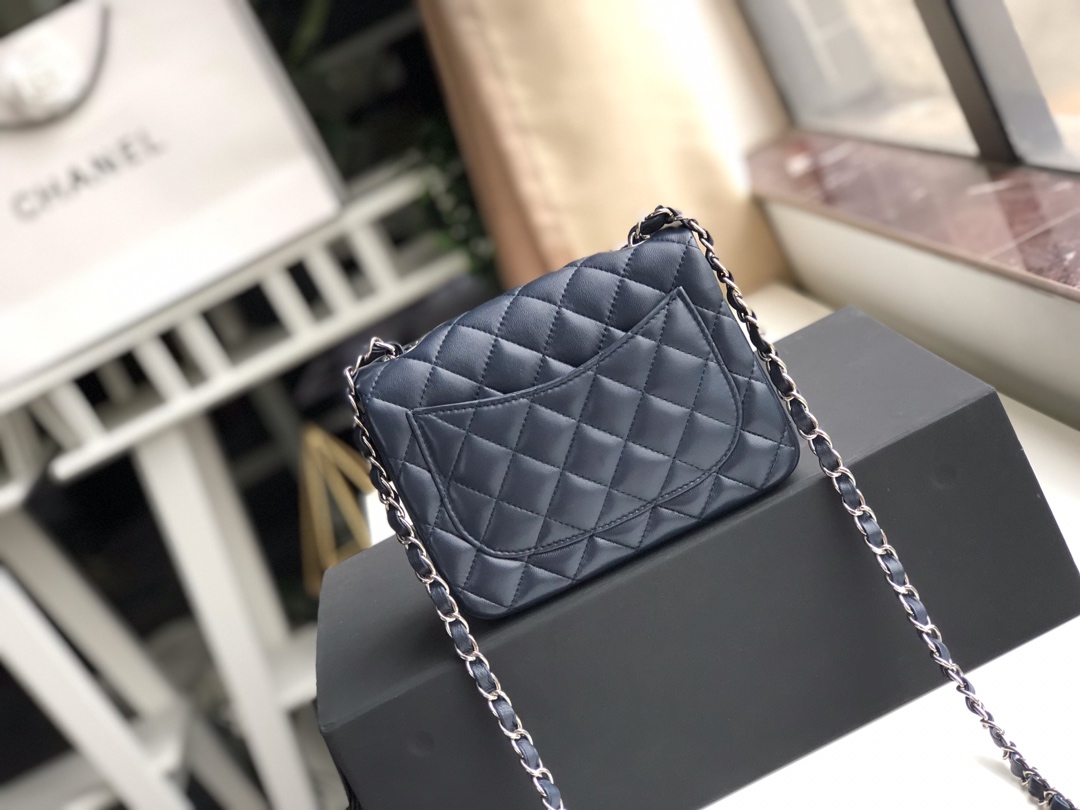 Ch**el mini flap bag lambskin silver metal dark blue a35200 17cm