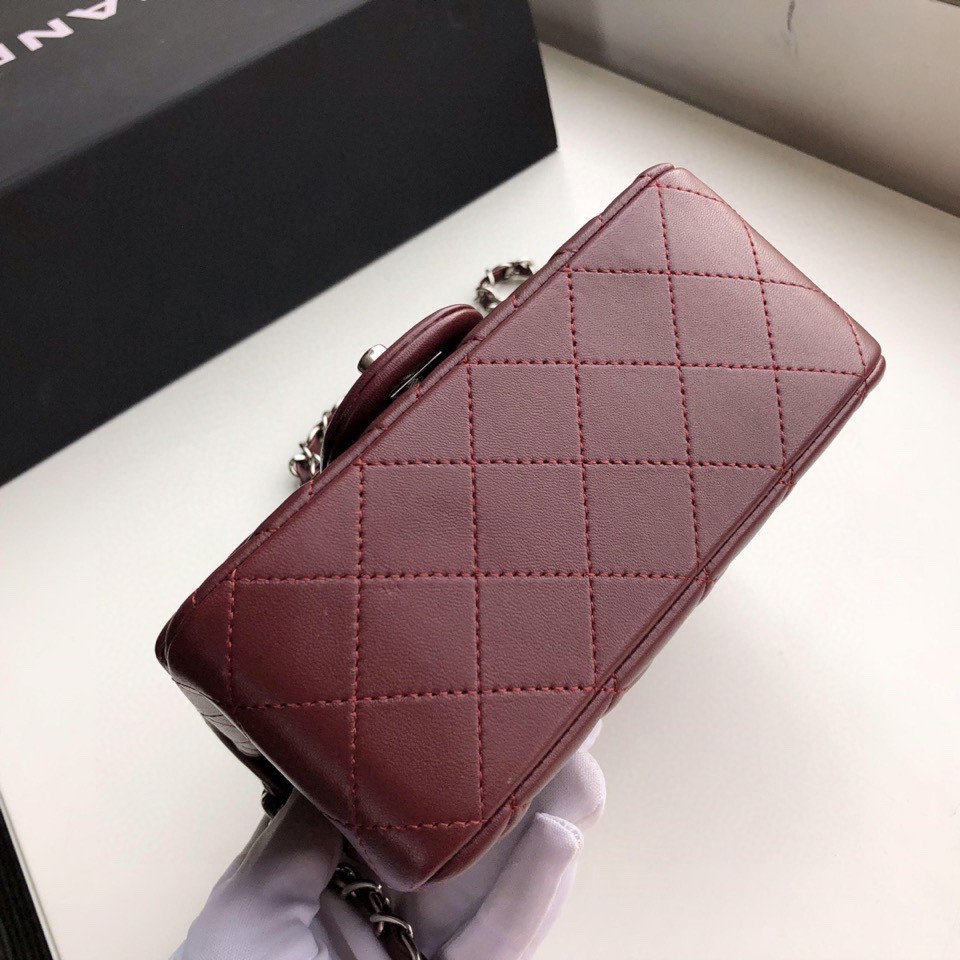 Ch**el mini flap bag lambskin silver metal burgundy a35200 17cm