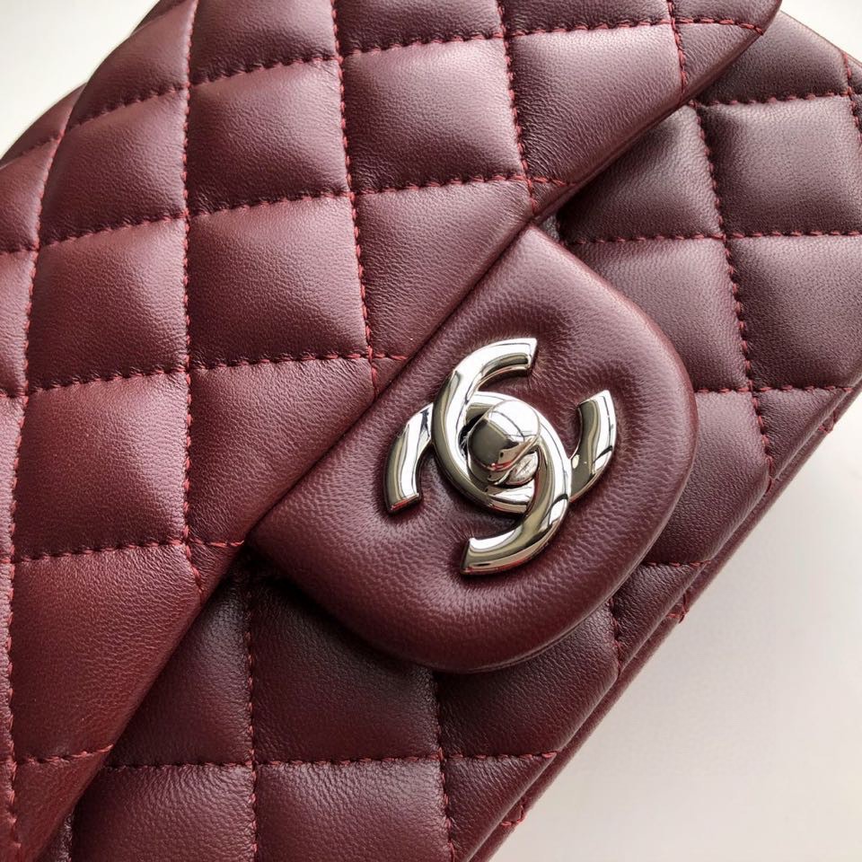 Ch**el mini flap bag lambskin silver metal burgundy a35200 17cm