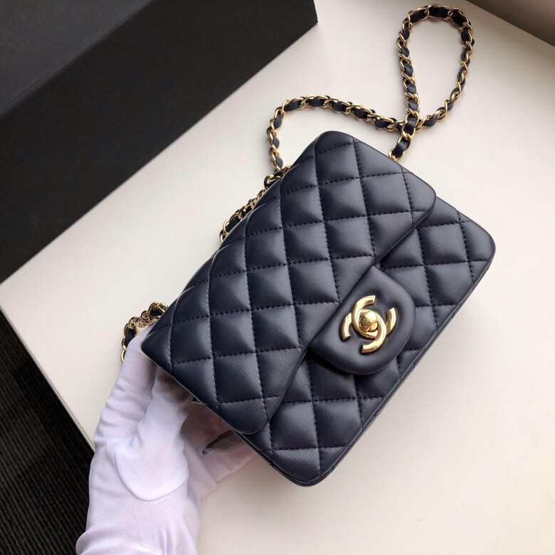 Ch**el mini flap bag lambskin golden metal dark blue a35200 17cm