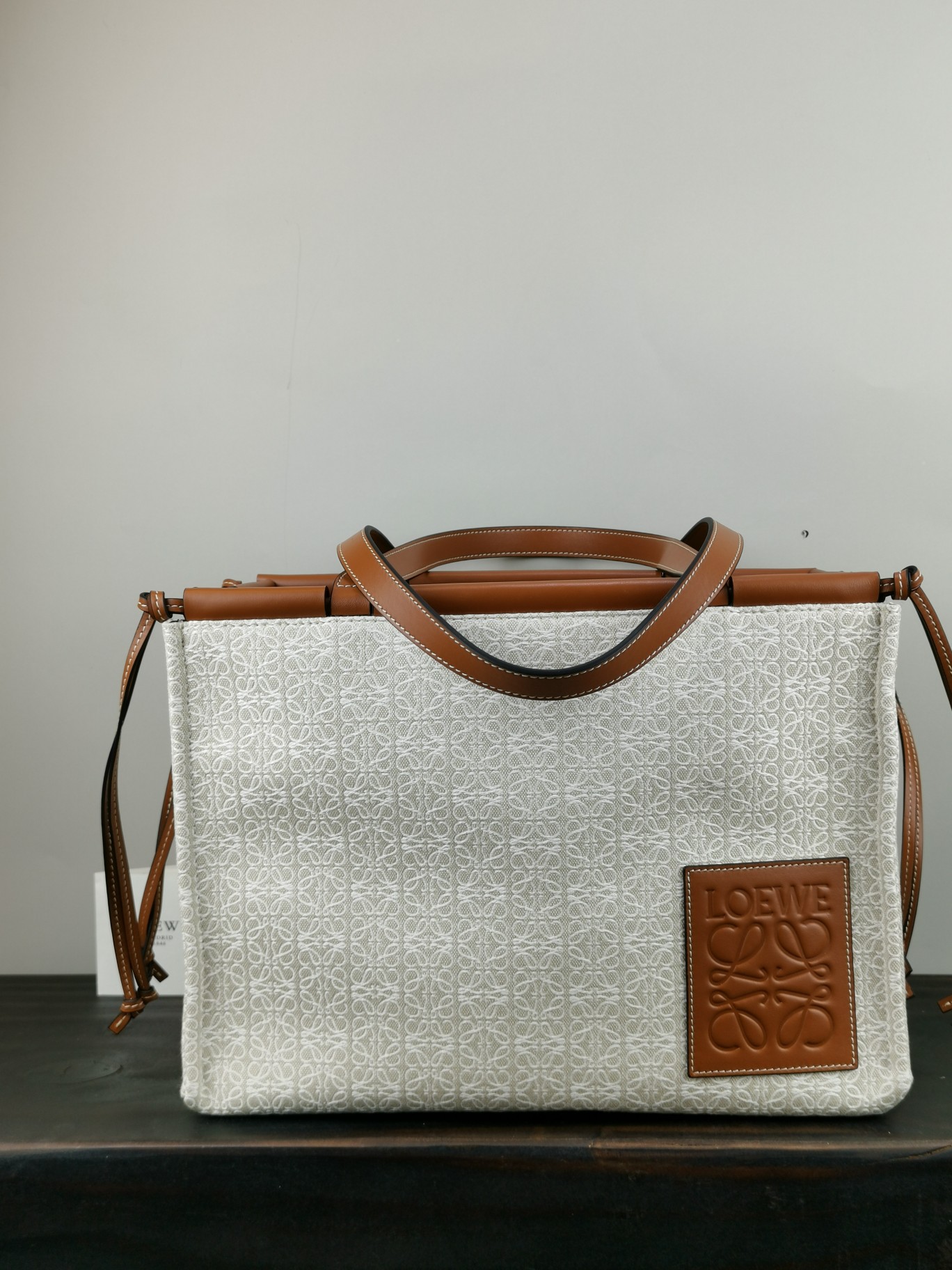 L0ew* large cushion tote anagram jacquard and calfskin light oat 35 x 27 x 19 cm