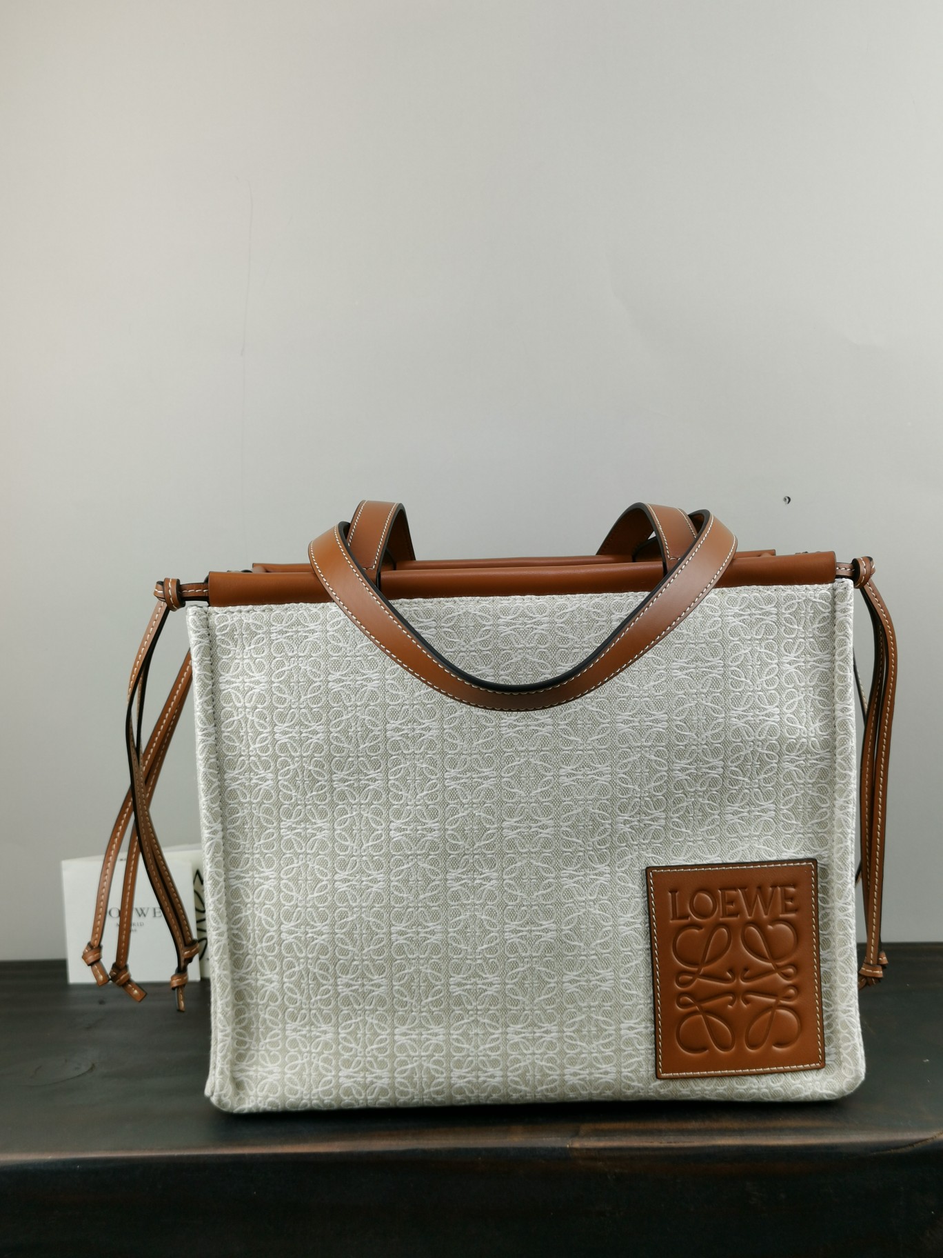 L0ew* small cushion tote anagram jacquard and calfskin tan a612a93x25 32 x 24 x 16 cm