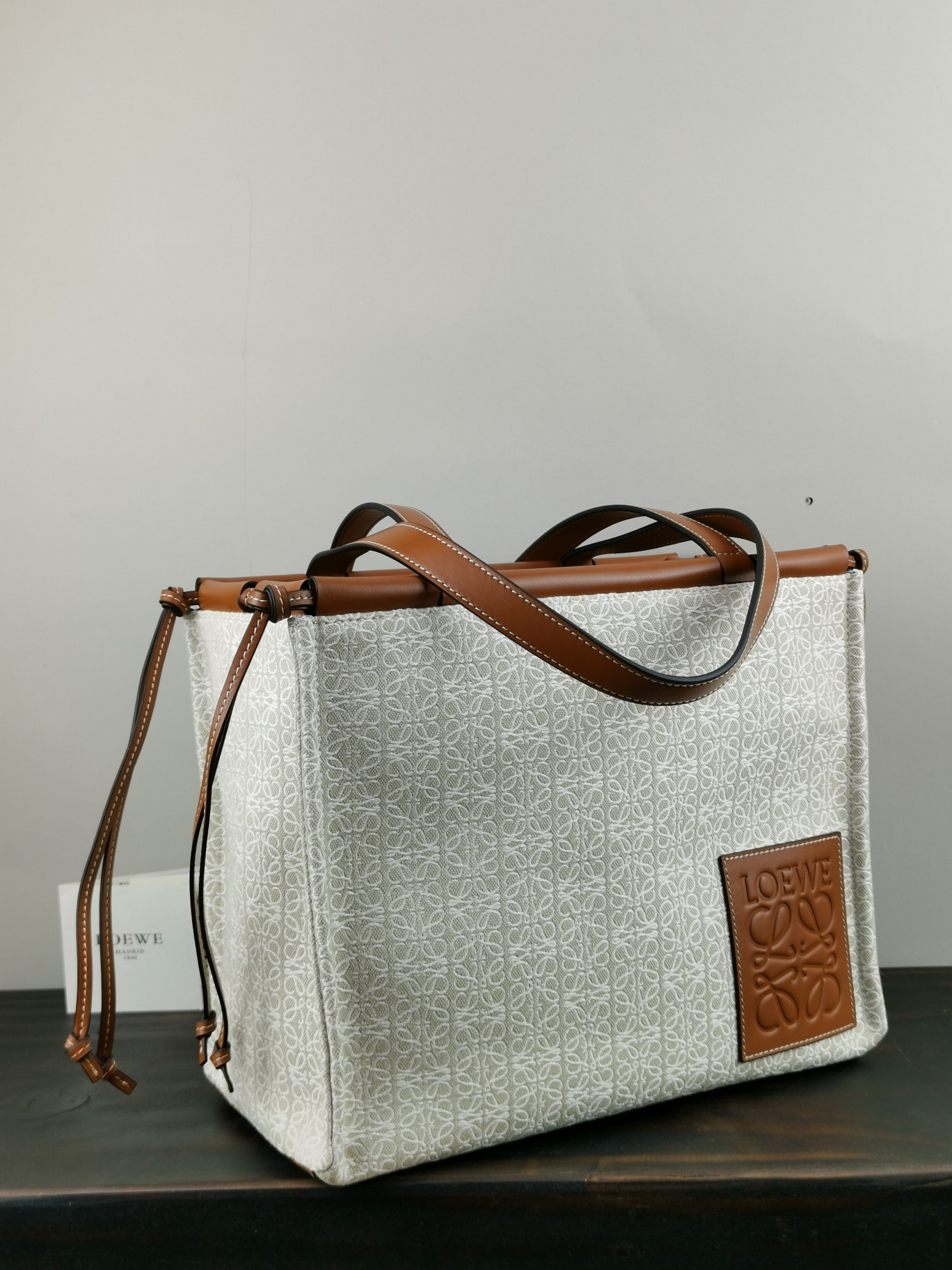 L0ew* small cushion tote anagram jacquard and calfskin tan a612a93x25 32 x 24 x 16 cm