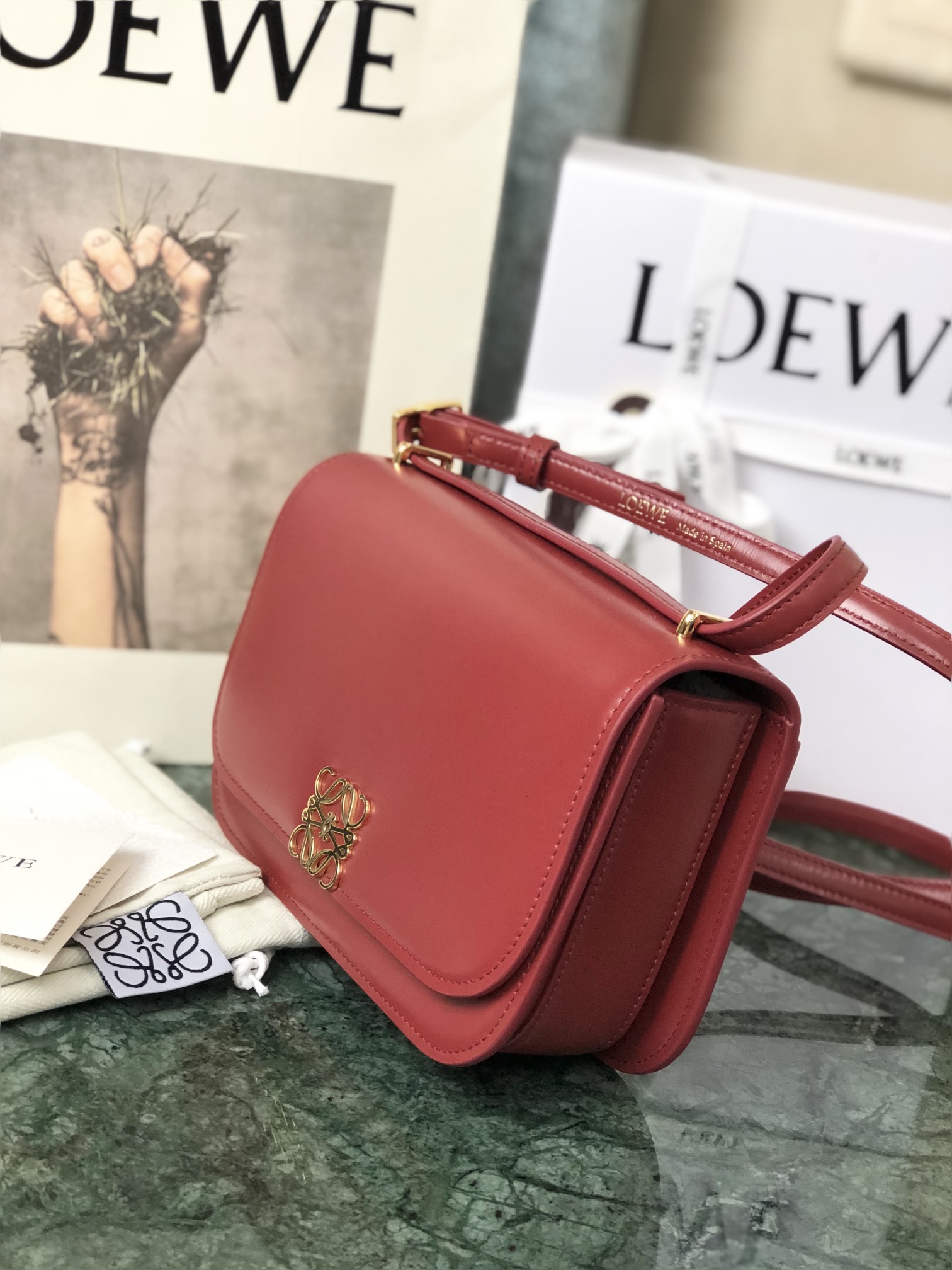 L0ew* small goya bag silk calfskin deep red a896n09x01 18.5 x 12.5 x 6 cm