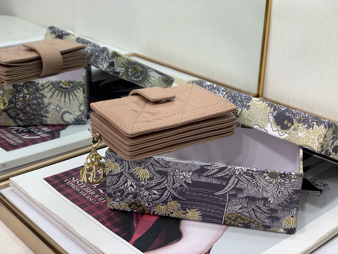 D10r lady D10r 5-gusset card holder patent cannage calfskin rose des vents s0074 10.5 cm