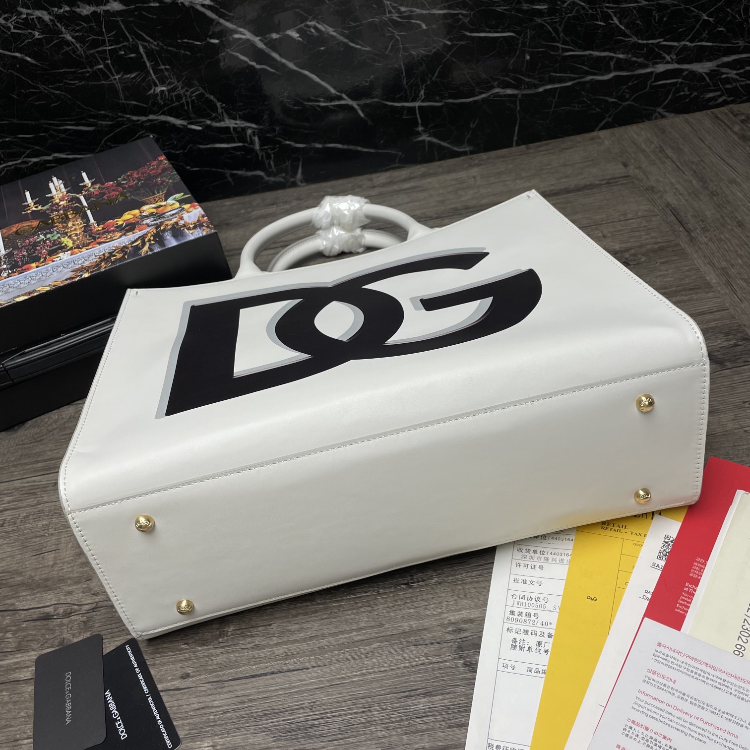 DOLCE & GABBANA SMALL DG Daily Shopper With DG Logo Print Calfskin White BB7023 36 x 28.5 x 13 cm