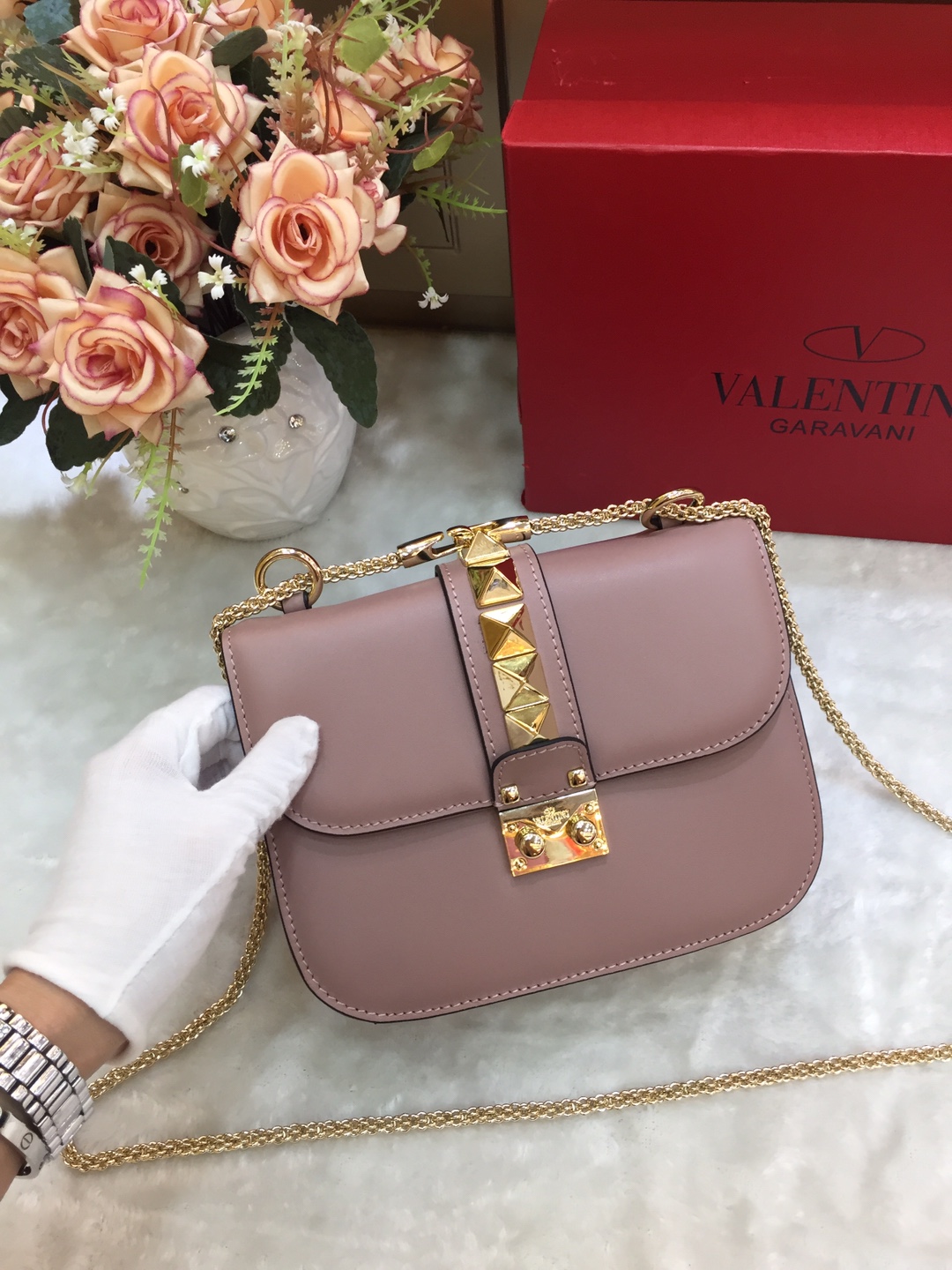 Va1e*ntin0 small garavani pre-owned 2010s rockstud shoulder bag leather powder pink 21 × 8 × 15 cm