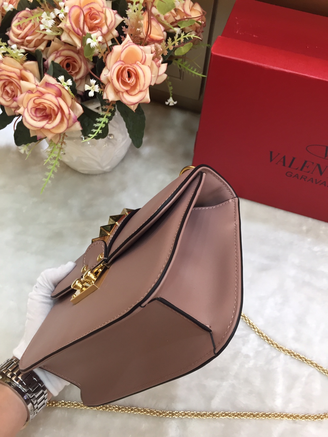 Va1e*ntin0 small garavani pre-owned 2010s rockstud shoulder bag leather powder pink 21 × 8 × 15 cm