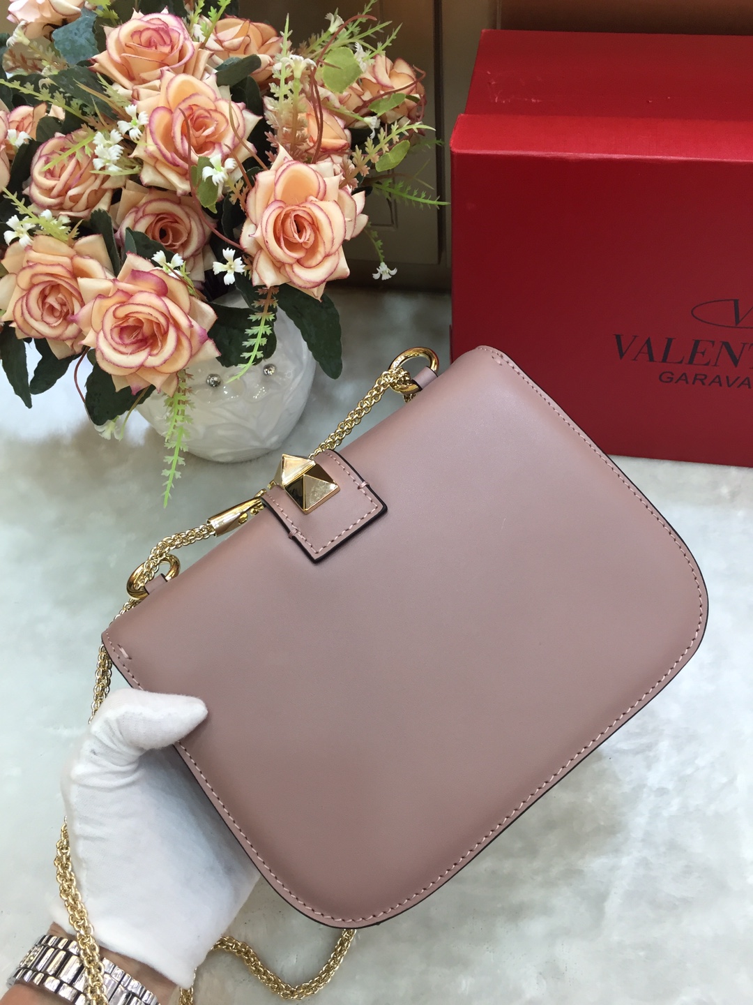 Va1e*ntin0 small garavani pre-owned 2010s rockstud shoulder bag leather powder pink 21 × 8 × 15 cm