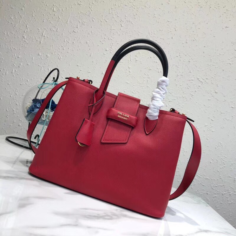Pra*a top handle tote bag leather red/black 1bg148 33 × 24 × 14.5 cm