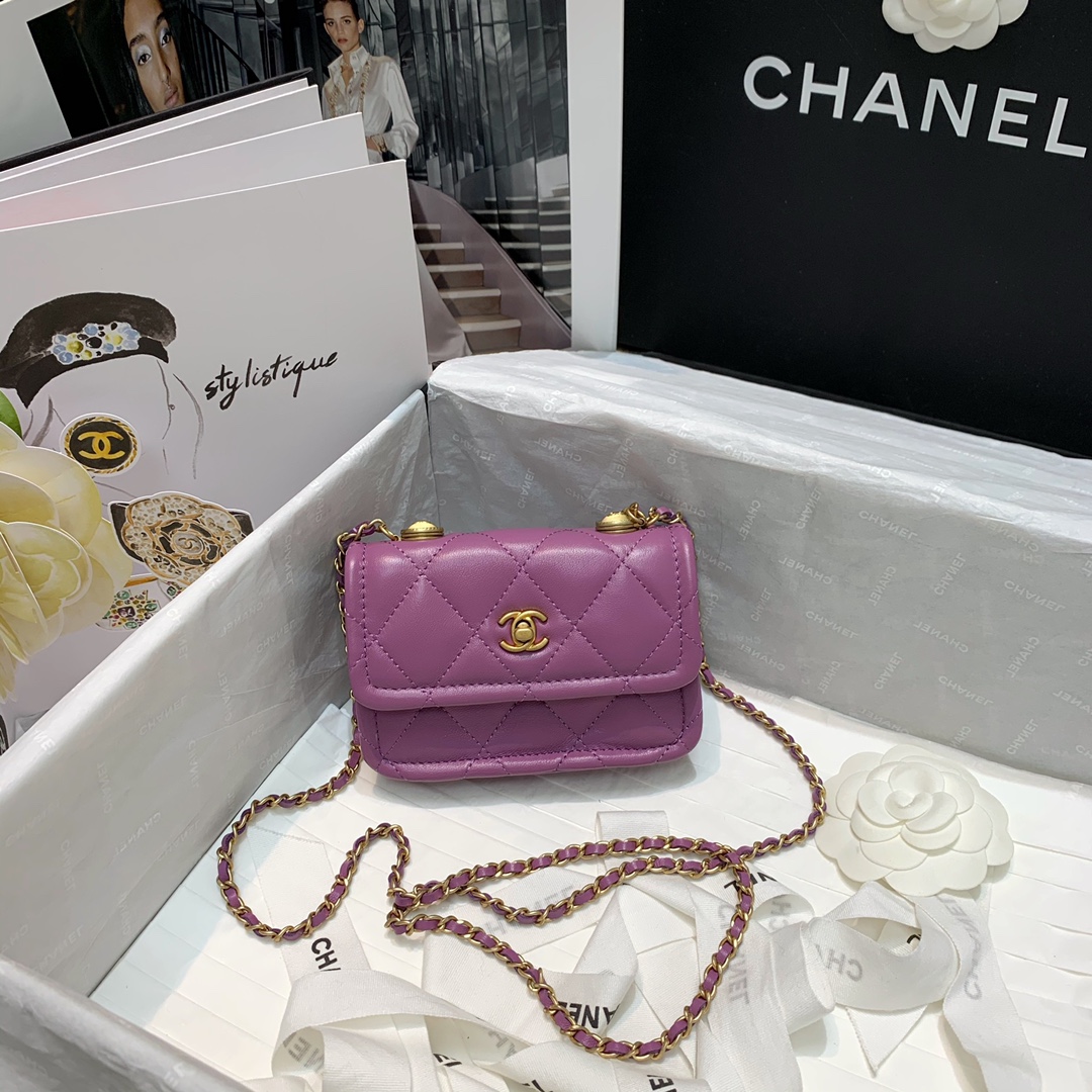 Ch**el mini retro flap button bag in leather purple 13.5 x 9 x 4 cm