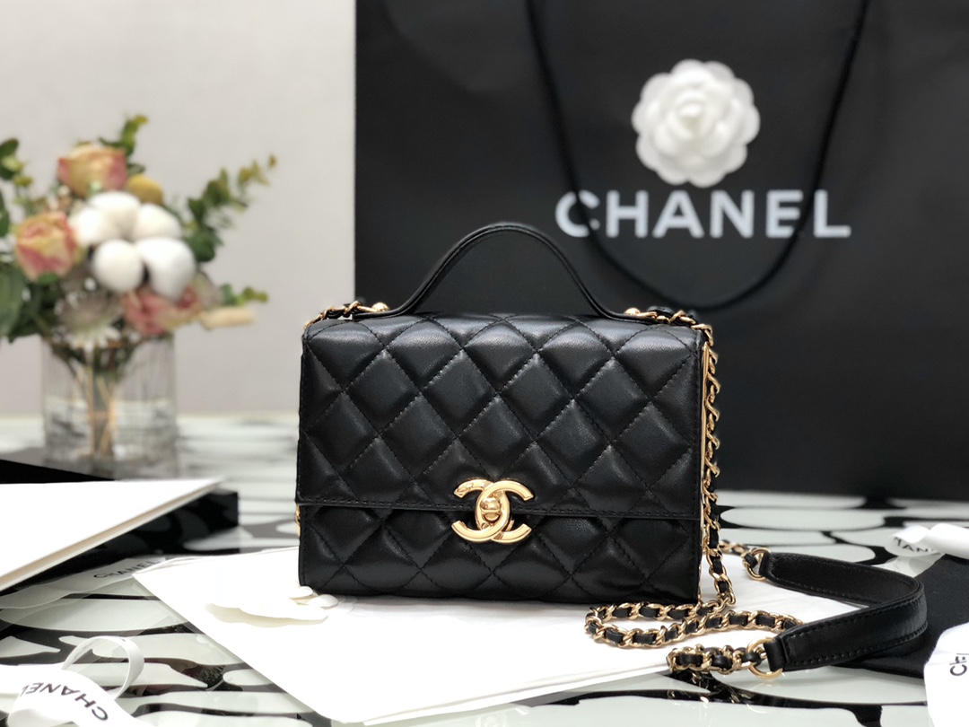 Ch**el mini flap bag handle lambskin & gold metal black as2796 12.5 x 17.5 x 5.5 cm