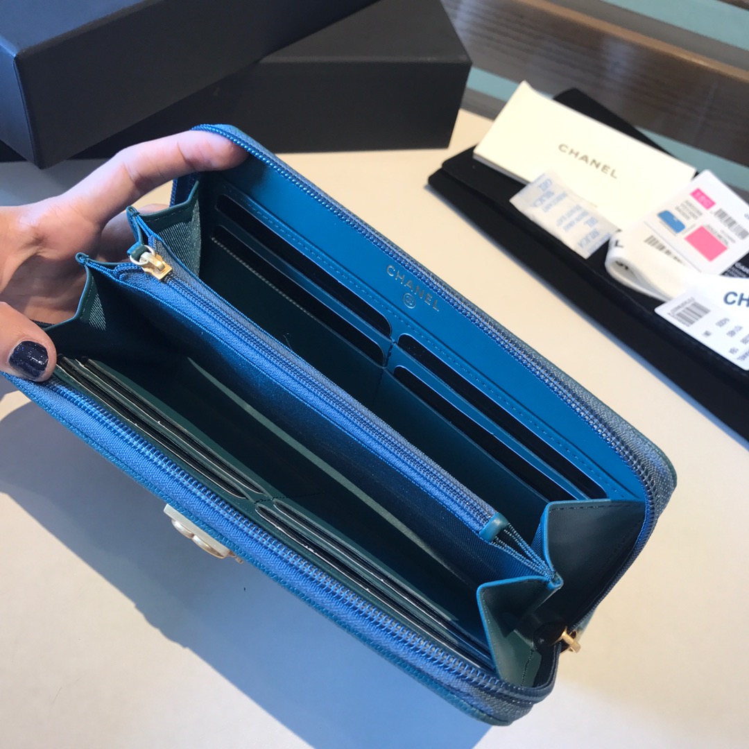 Ch**el boy long zipped wallet grained leather teal a80815 19cm