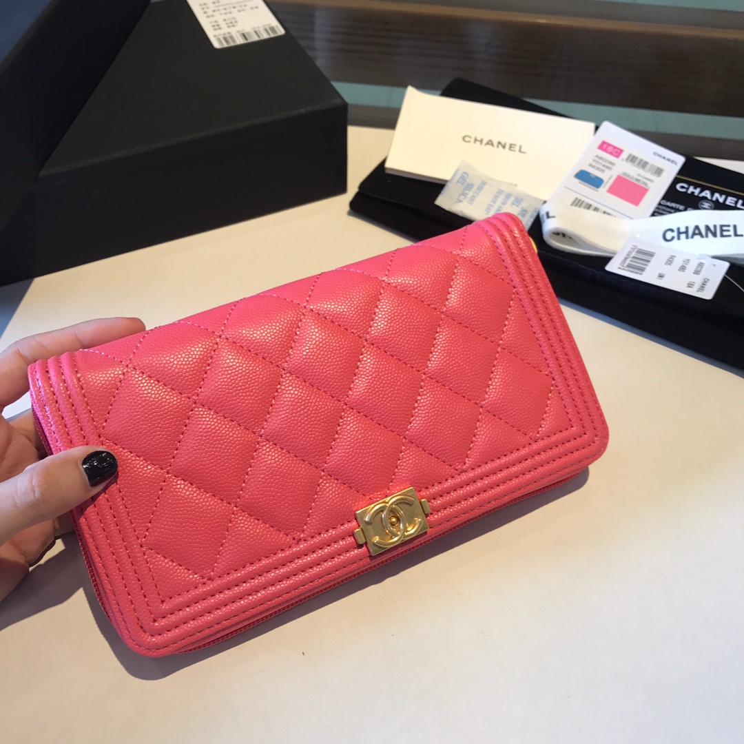 Ch**el boy long zipped wallet grained leather pink a80815 19cm