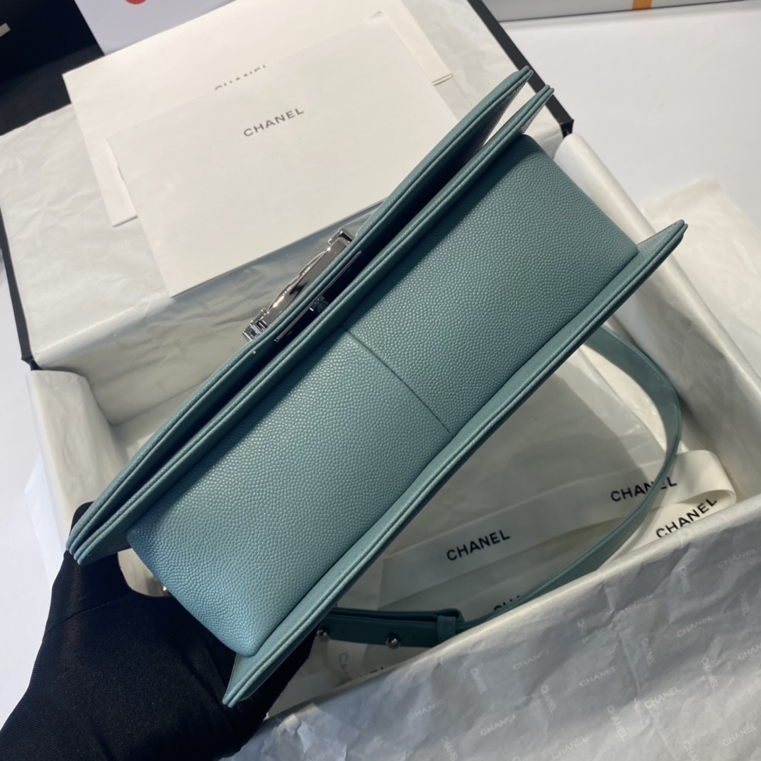 Ch**el medium boy bag chevron black-tone metal grained leather blue a67086 25cm