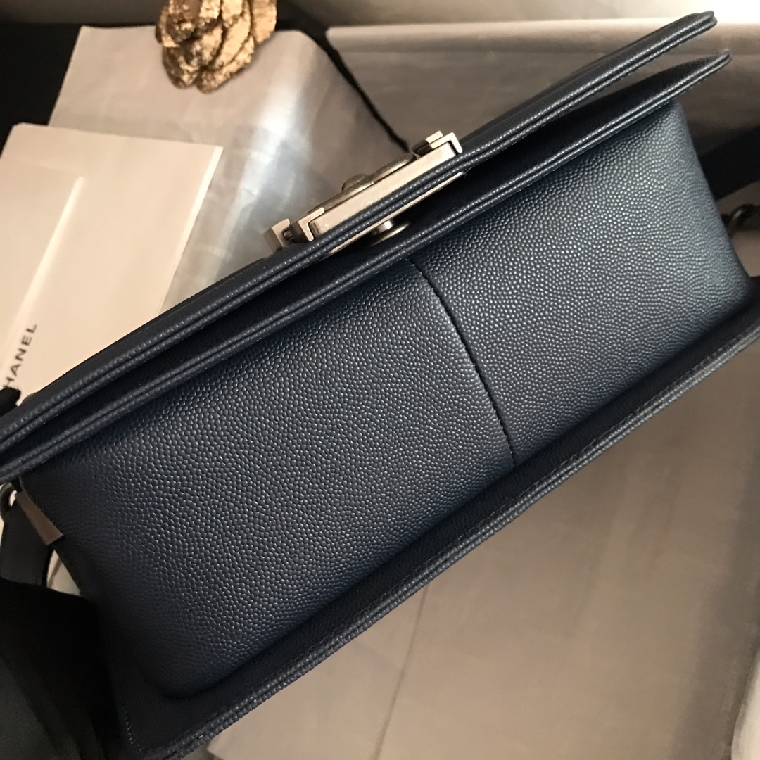 Ch**el medium boy bag chevron black-tone metal grained leather dark blue a67086 25cm