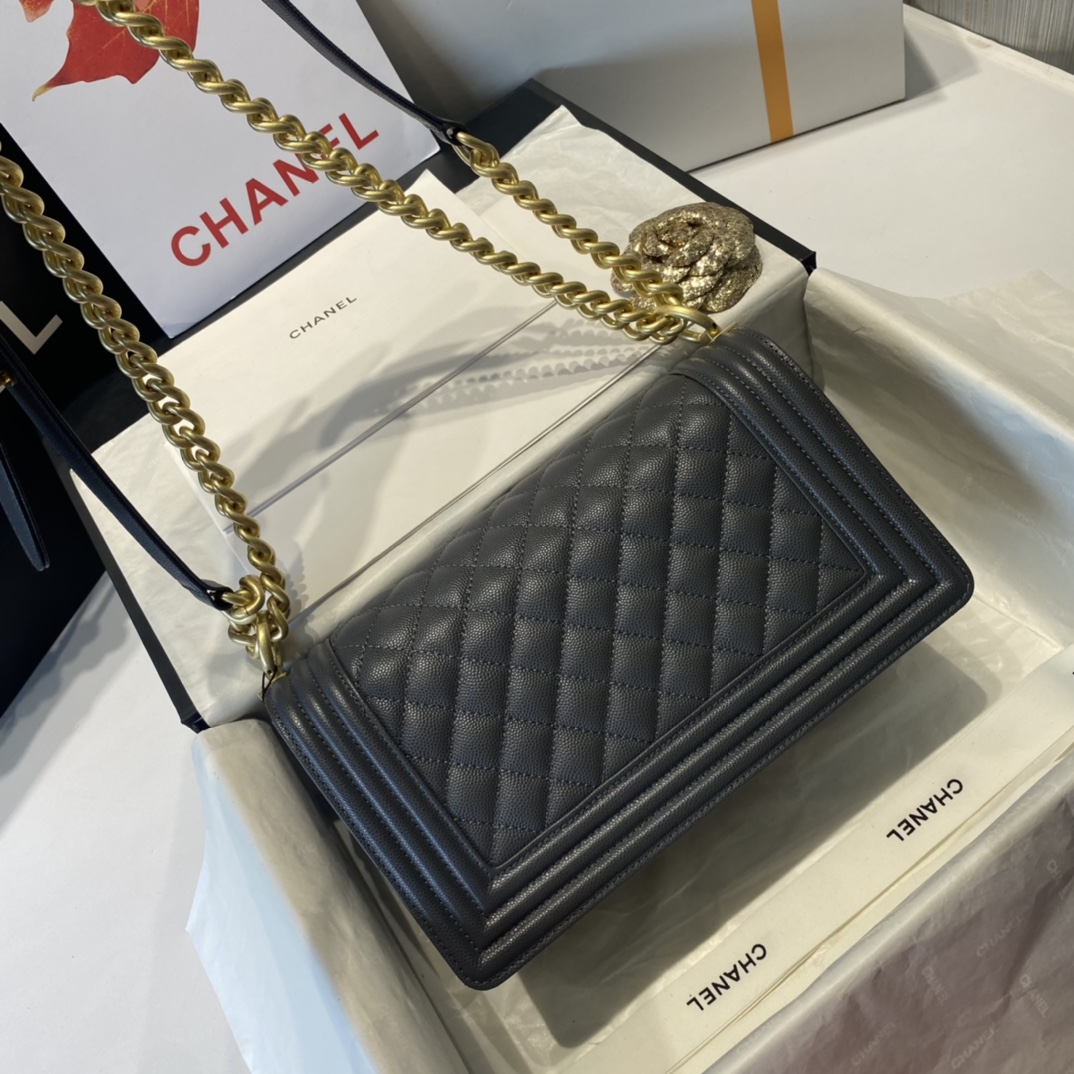 Ch**el medium boy bag classic gold-tone metal grained leather dark gray a67086 25cm