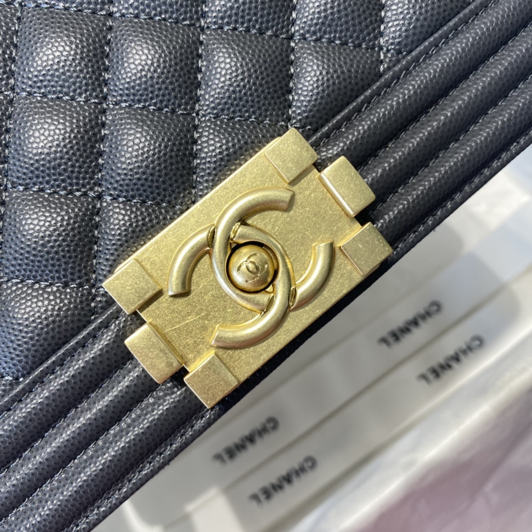 Ch**el medium boy bag classic gold-tone metal grained leather dark gray a67086 25cm