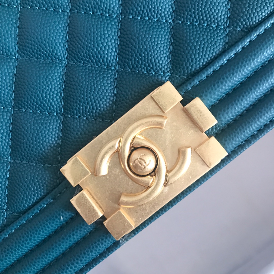 Ch**el medium boy bag classic gold-tone metal grained leather teal a67086 25cm