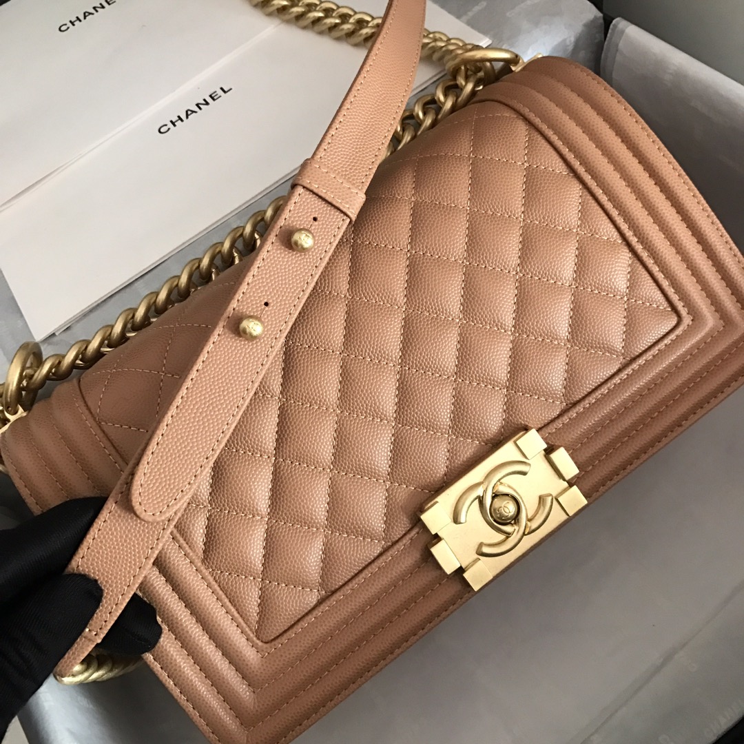 Ch**el medium boy bag classic gold-tone metal grained leather beige a67086 25cm