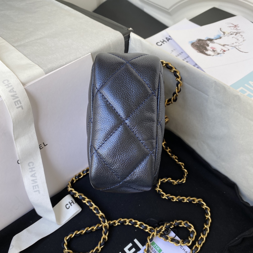 Ch**el mini camera case grained leather dark blue as2857 16 x 12 x 6 cm