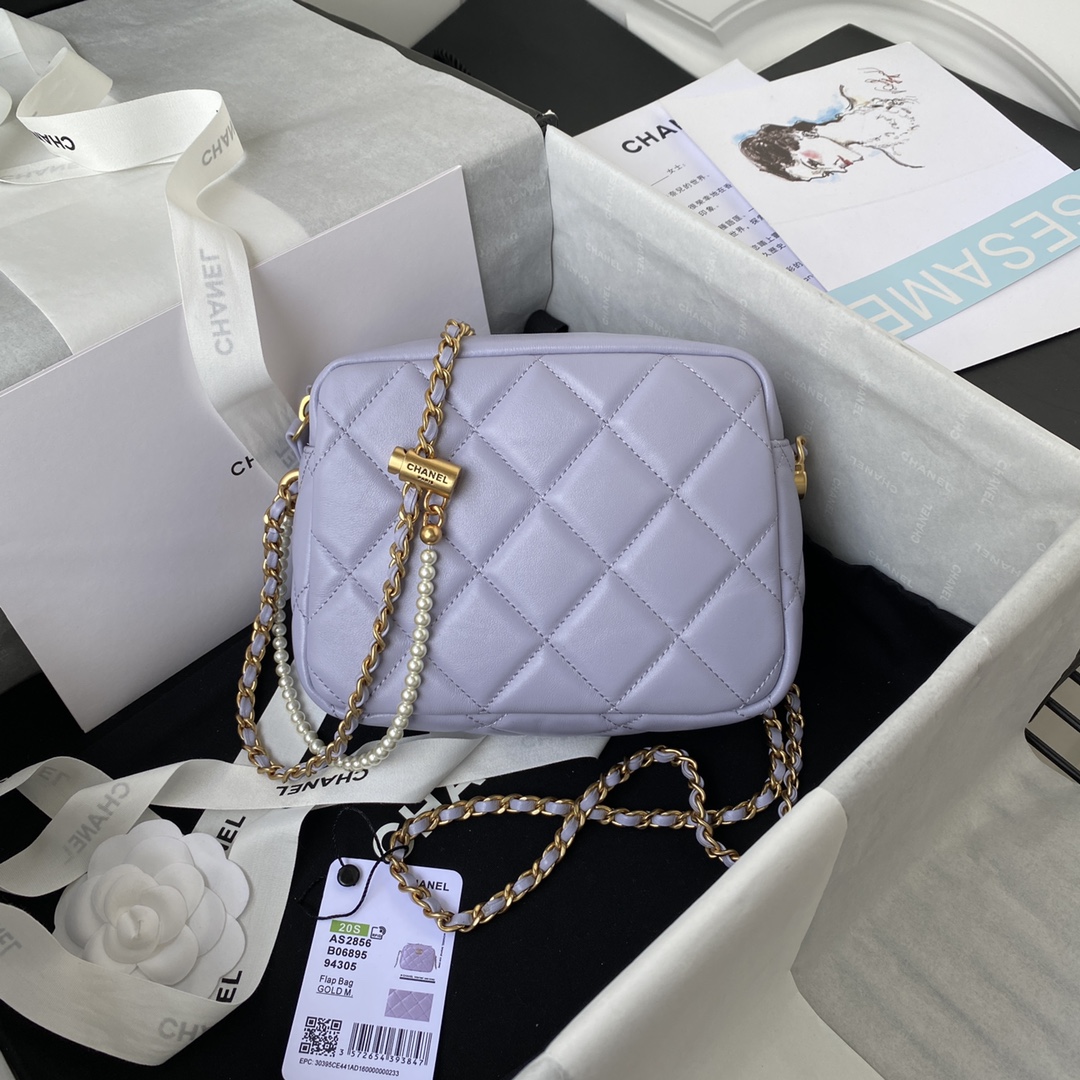 Ch**el mini camera case leather imitation pearls light purple as2856 18 x 14 x 7 cm