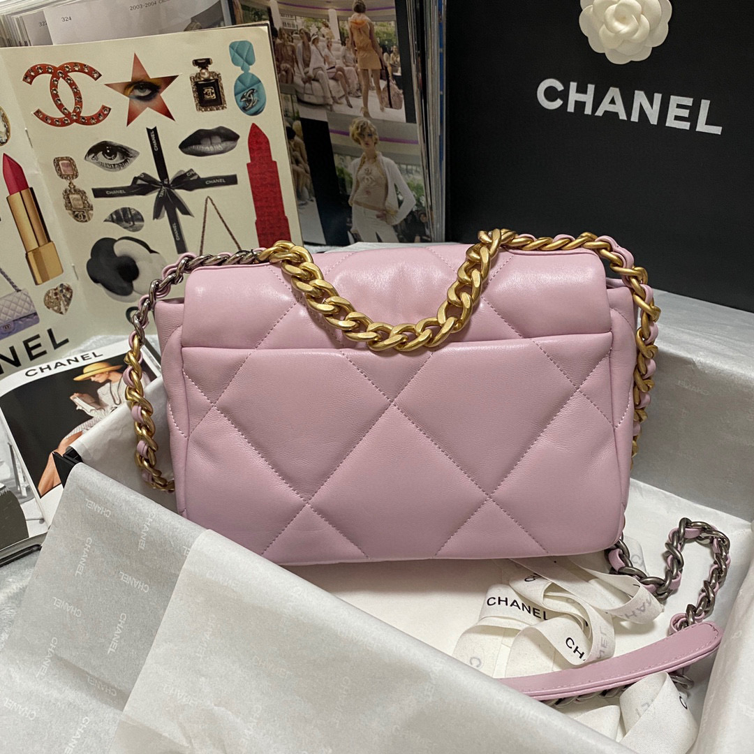 Ch**el 19 handbag calfskin in pink-26×16×9cm