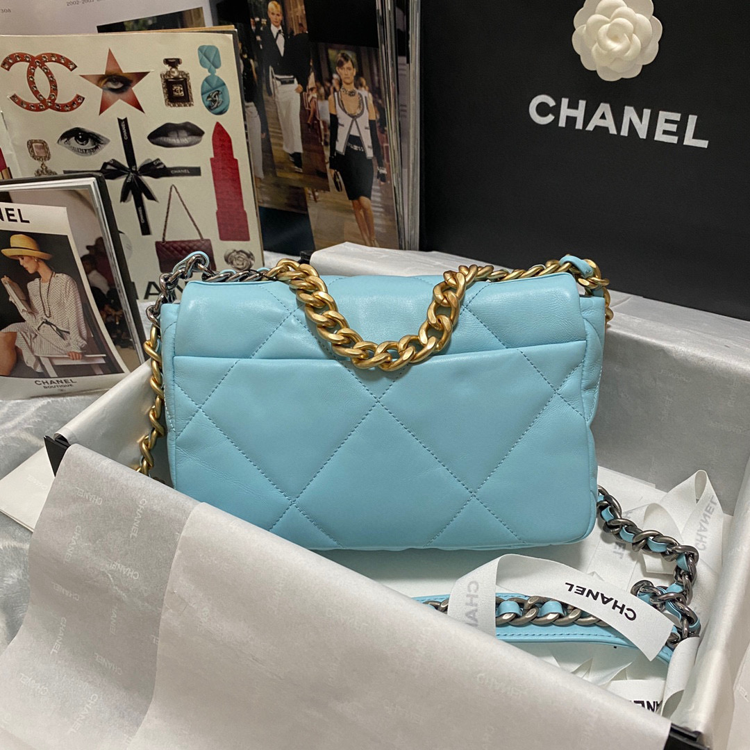 Ch**el 19 calfskin in blue-26×16×9cm