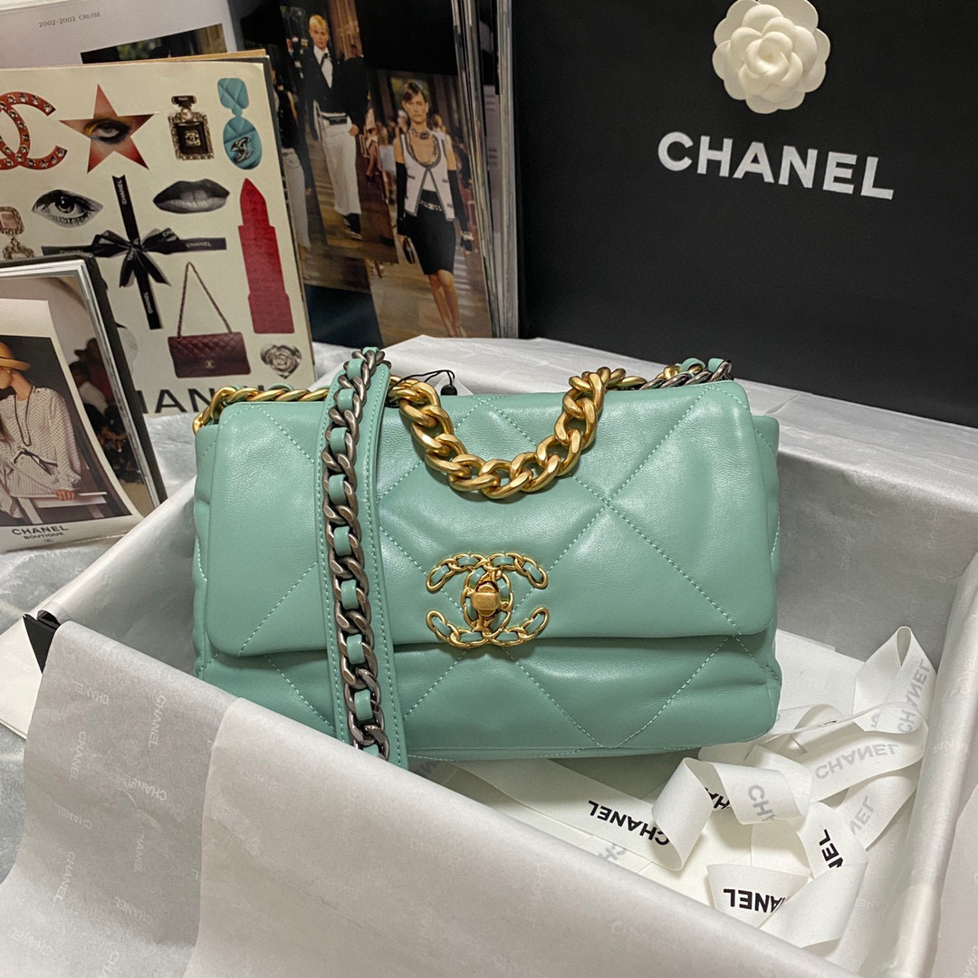 Ch**el 19 calfskin in blue green-26×16×9cm
