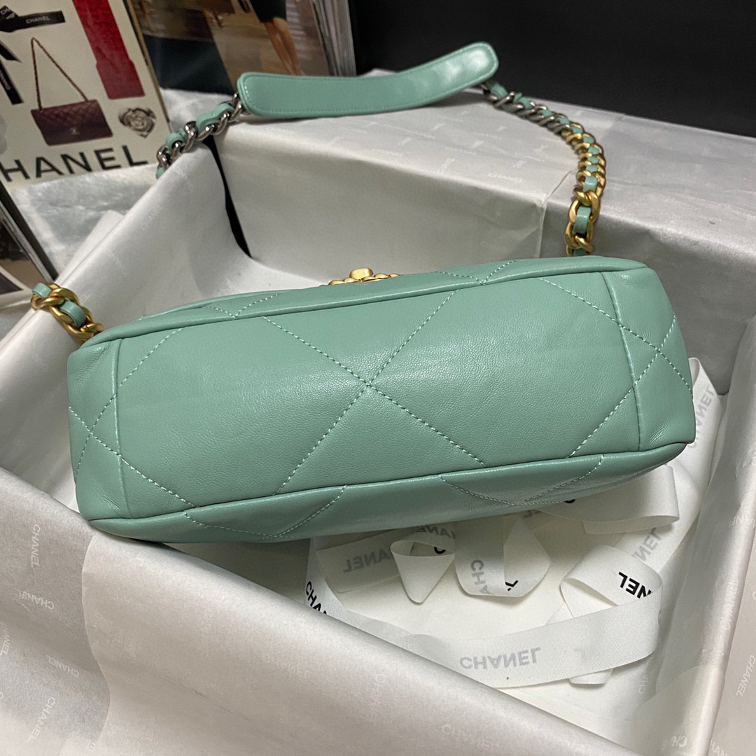 Ch**el 19 calfskin in blue green-26×16×9cm