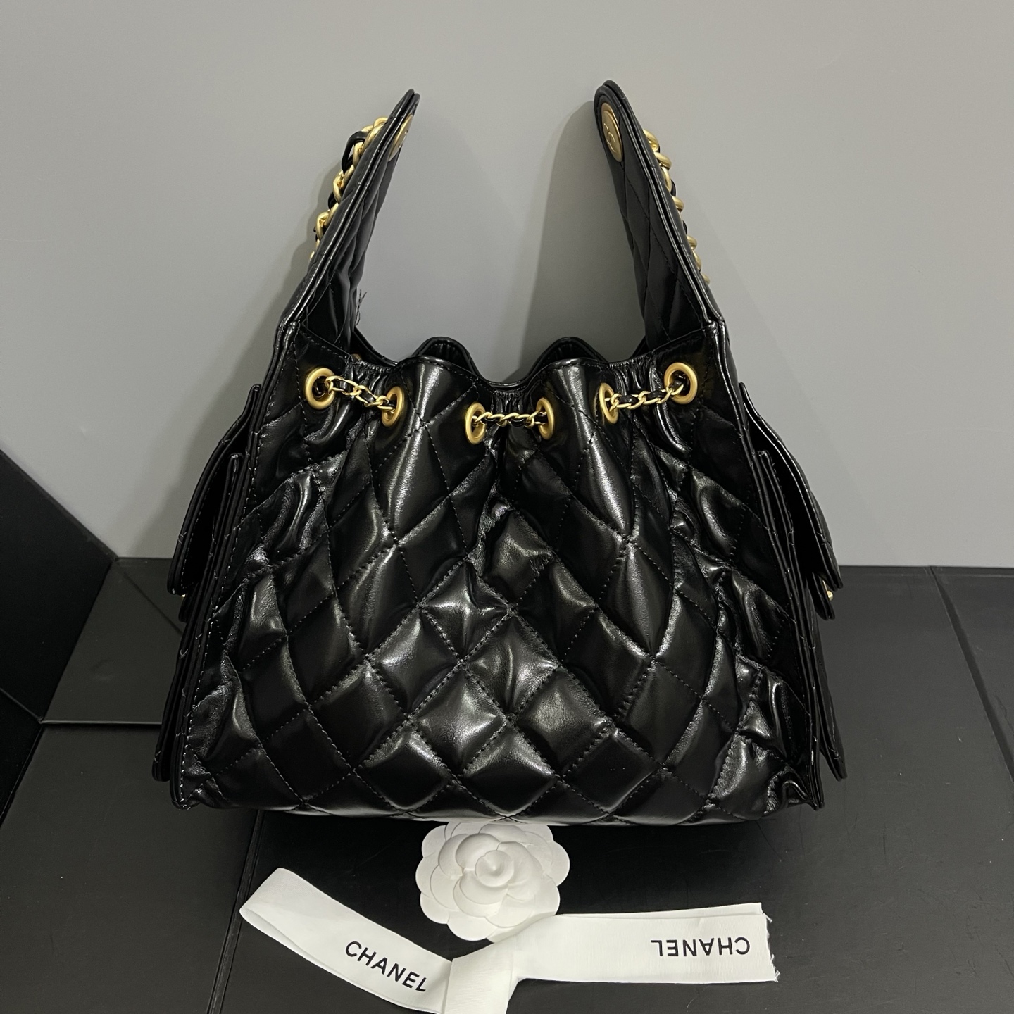 Ch**el 25c hobo black bright leather 30cm